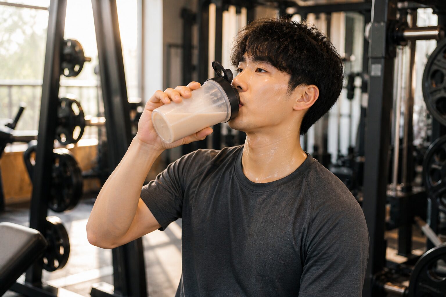 トレーニング後にプロテインを飲んでいる様子