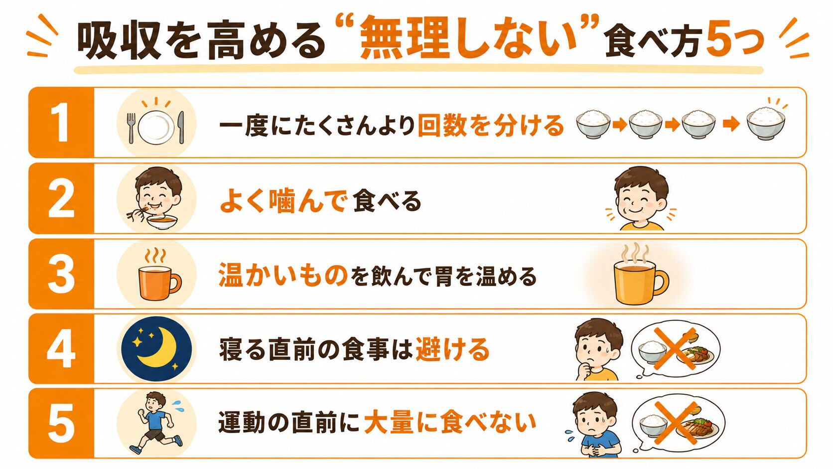 吸収を高める無理しない食べ方5つ インフォグラフィック