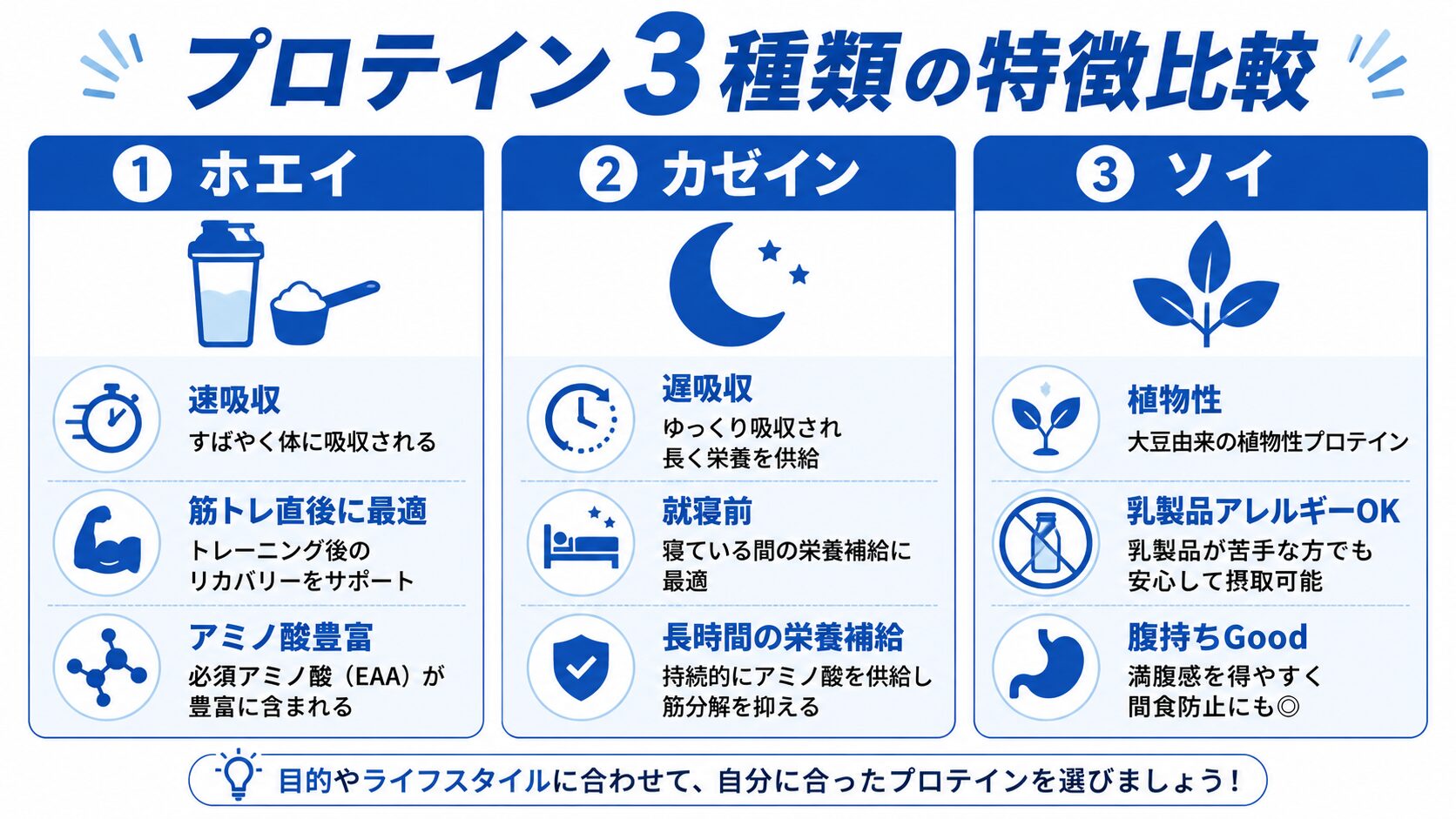プロテイン3種類の特徴比較インフォグラフィック