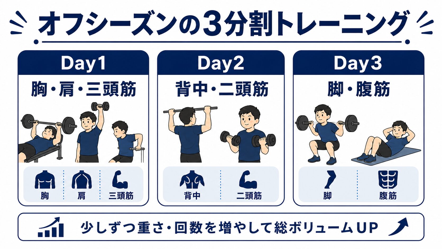オフシーズンの3分割トレーニング インフォグラフィック