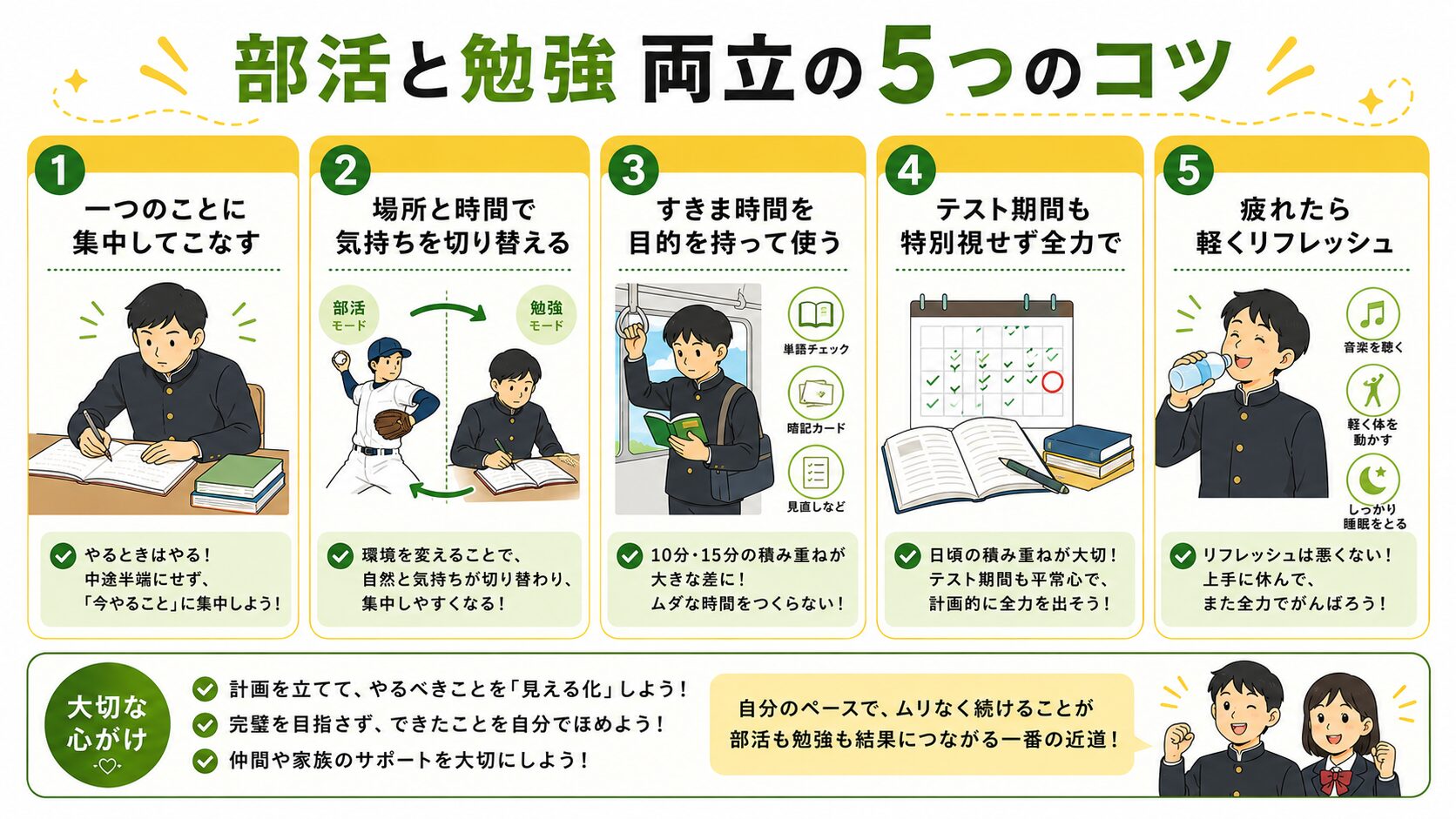部活と勉強 両立の5つのコツ インフォグラフィック