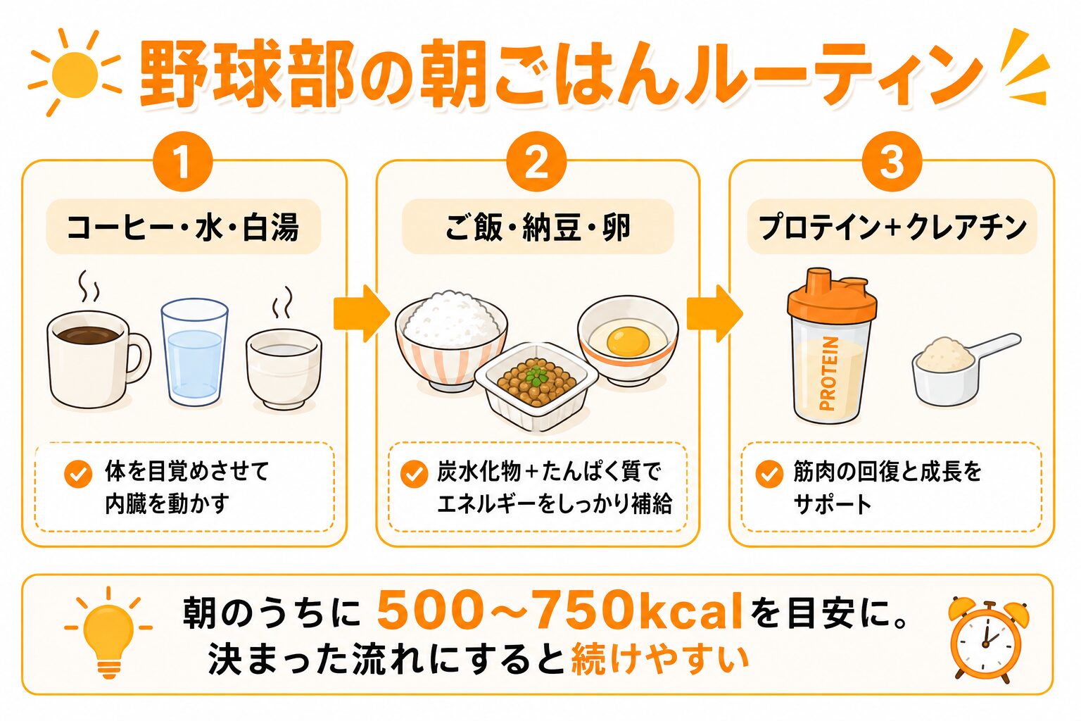 野球部の朝ごはんルーティン(コーヒー・水・白湯→ご飯・納豆・卵→プロテイン+クレアチン)