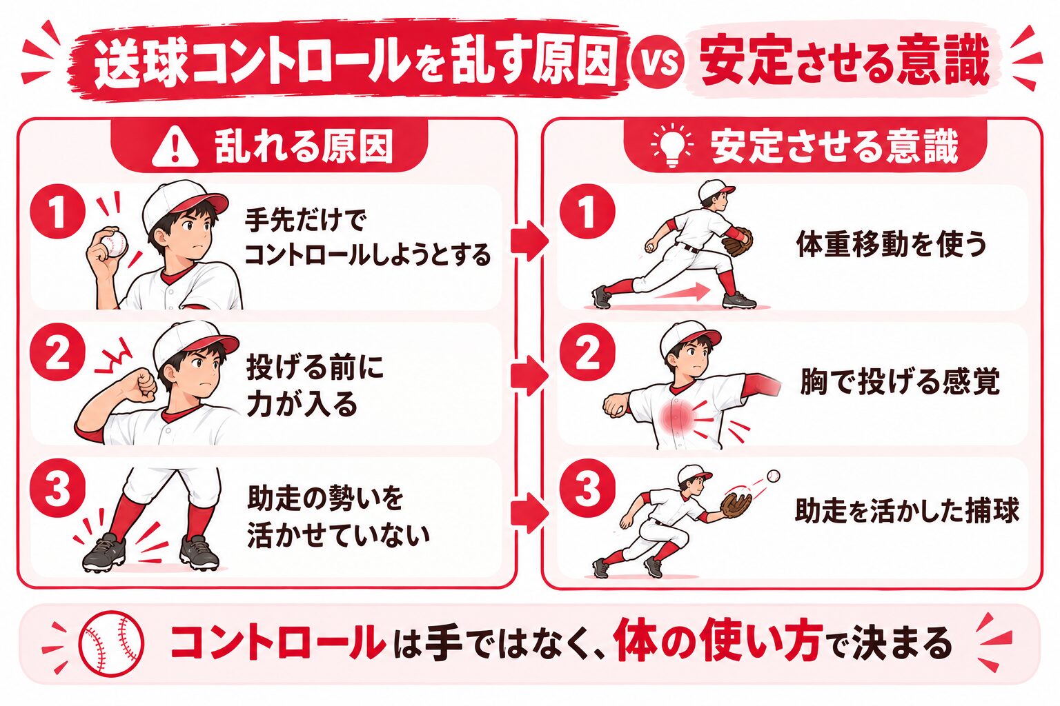 送球コントロールを乱す原因(手先だけでコントロール・投げる前に力が入る・助走の勢いを活かせない)vs安定させる意識(体重移動・胸で投げる感覚・助走を活かした捕球)