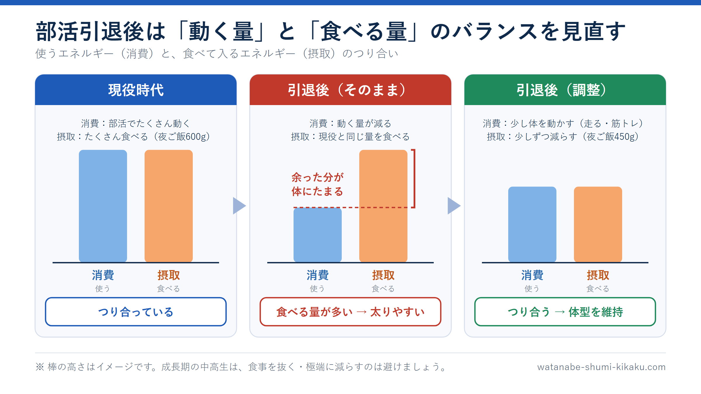 部活引退後の動く量と食べる量のバランスの図(現役時代はつり合っている、引退後にそのまま食べると食べる量が多くなり太りやすい、少し動いて食事を少しずつ減らすとつり合い体型を維持できる)