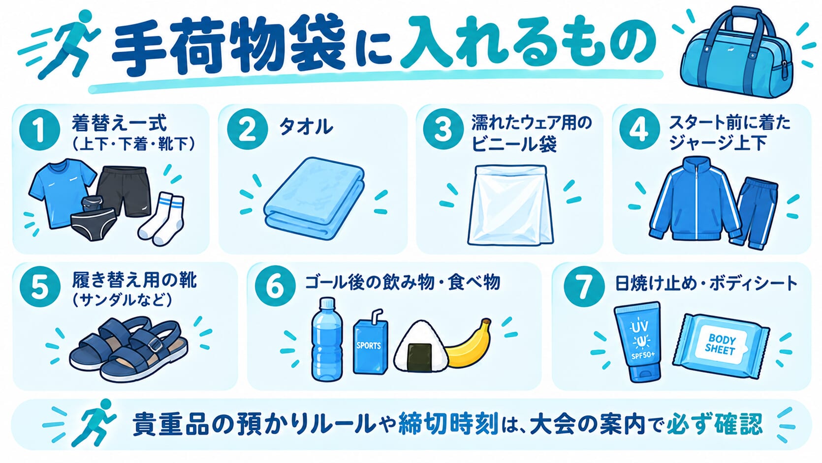 手荷物袋に入れるもの(着替え一式、タオル、濡れたウェア用のビニール袋、スタート前に着たジャージ上下、履き替え用の靴、ゴール後の飲み物・食べ物、日焼け止め・ボディシート)